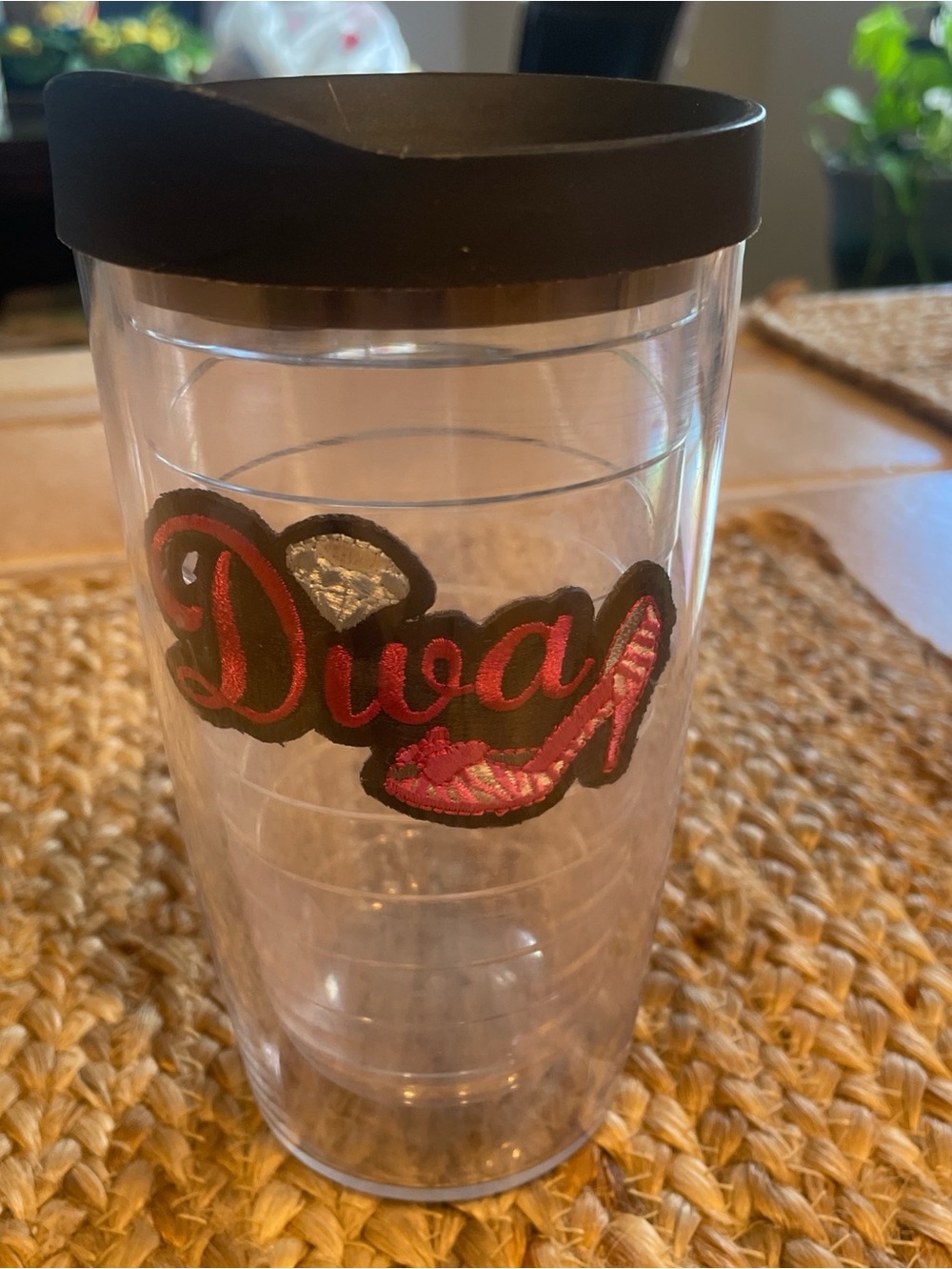 Clear Tumbler with Black Lid and Pink 'Diva' Patch